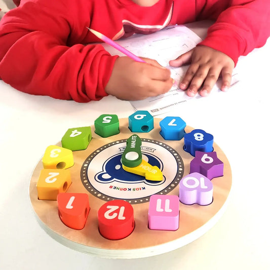 Montessori Wooden Clock Toy - Shape, Color & Time Learning Puzzle for Toddlers