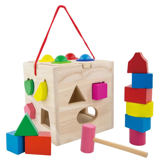 Wooden Shape Sorter Cube - Montessori Activity Box for Toddlers